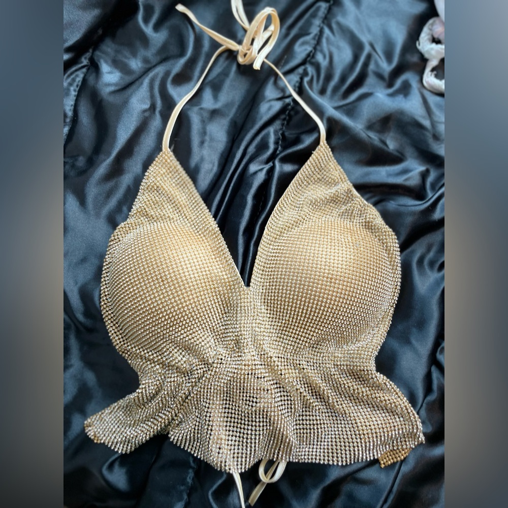 Gold Rhinestone Chain Top with Tie Backing